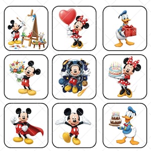 K&ouml;nnte beinhalten: Neun quadratische Bilder mit Micky Maus, Minnie Maus und Donald Duck in verschiedenen Posen. Micky malt, h&auml;lt Blumen und tr&auml;gt einen Umhang. Minnie h&auml;lt einen Ballon und einen Kuchen. Donald Duck h&auml;lt ein Geschenk und einen Kuchen.
