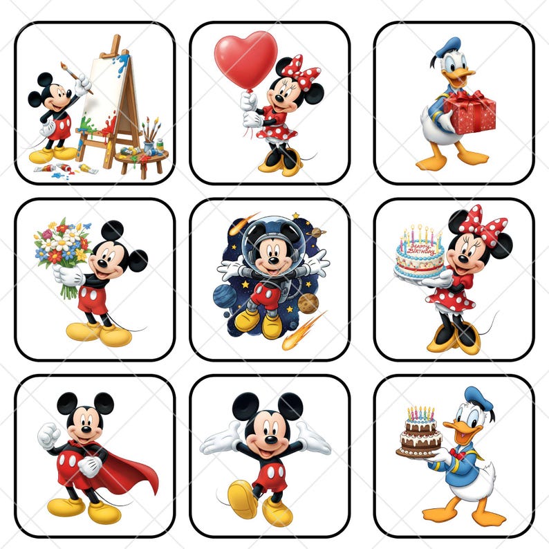 K&ouml;nnte beinhalten: Neun quadratische Bilder mit Micky Maus, Minnie Maus und Donald Duck in verschiedenen Posen. Micky malt, h&auml;lt Blumen und tr&auml;gt einen Umhang. Minnie h&auml;lt einen Ballon und einen Kuchen. Donald Duck h&auml;lt ein Geschenk und einen Kuchen.