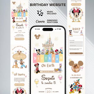 Puede incluir: Una plantilla de sitio web de cumpleaños digital mostrada en una pantalla de teléfono inteligente, con personajes de Disney, una ilustración de castillo y texto que incluye Happiest Birthday On Earth, Sophia is turning 5 y un formulario RSVP.