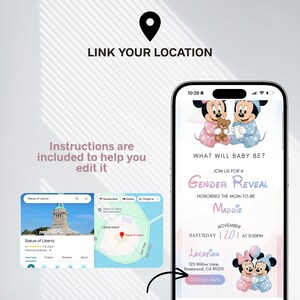 May include: A smartphone screen displays a gender reveal invitation featuring Mickey and Minnie Mouse. The invitation includes the text "What will baby be?" and details for the event, including the date, time, and location.
