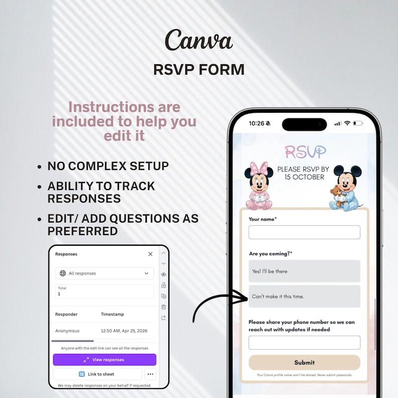 May include: A digital RSVP form template on a smartphone screen, featuring a light pink and blue design with cartoon characters. The form includes fields for name, attendance, and contact information, with the text "RSVP" and "Submit".
