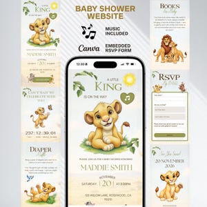 May include: A baby shower website design featuring a cartoon lion cub, text that reads "A Little King is on the Way," and event details. The design includes a mobile phone mockup, RSVP form, and additional graphics.