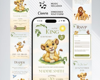 May include: A baby shower website design with a cartoon lion cub, text saying "A Little King is on the Way," and event details. The design includes a mobile phone mockup, RSVP form, and additional graphics.