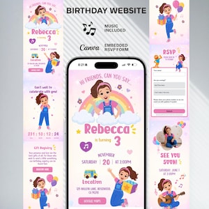 May include: A birthday website design featuring a cartoon girl, a rainbow, and the text "Rebecca is turning 3." The design includes RSVP information, a gift registry, and event details. The color scheme is pastel with pink, purple, and blue accents.