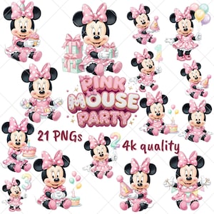 Pode incluir: Um conjunto de 21 imagens PNG da Minnie Mouse em várias poses. Minnie usa vestidos e laços cor-de-rosa, segurando presentes, balões e bolos de aniversário. O texto "Pink Mouse Party" também está incluído.