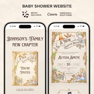 Puede incluir: Dos teléfonos inteligentes que muestran un diseño de sitio web para una fiesta de bienvenida al bebé. La pantalla izquierda muestra un libro con el texto "A New Chapter Begins" y "You're Invited". La pantalla derecha presenta una invitación con el texto "A New Chapter Begins".