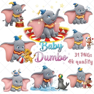 Op de afbeelding: Een verzameling digitale illustraties met het personage Dumbo uit de Disney-film. De afbeeldingen tonen Dumbo in verschillende poses, met roze oren, een blauwe hoed en een gele kraag. Andere personages en rekwisieten zijn ook inbegrepen.