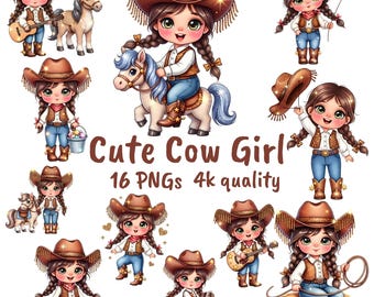May include: A collection of digital illustrations featuring a cute cowgirl theme. Each cowgirl is depicted in a brown cowboy hat, vest, and blue jeans. Some illustrations include a guitar, a horse, or a lasso. The text "Cute Cow Girl" is displayed.