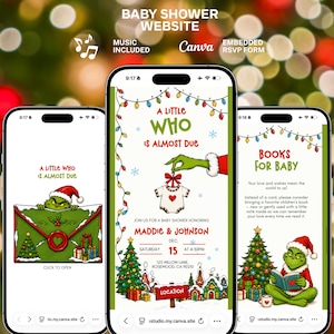 Webbmall för Grinchen-babyshower | Inbjudan till julbabyshower | Redigerbar digital Canva-inbjudan med OSA och babyregister