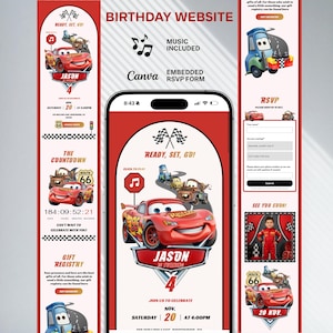 de site Web d'anniversaire de voiture | Invitation d'anniversaire Lightning McQueen | Invitation à une fête de voiture de course Canva modifiable avec RSVP, musique et compte à rebours