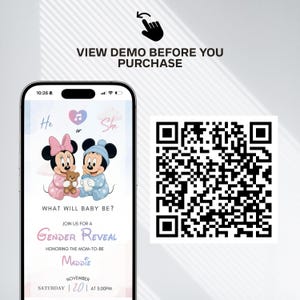 May include: A smartphone screen displays a gender reveal invitation featuring Minnie and Mickey Mouse. The invitation includes the text "What will baby be?" and details for the event, including the name "Maddie" and the date.