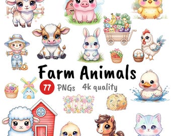 May include: A collection of watercolor illustrations featuring adorable farm animals, including a goat, pig, cow, bunny, chick, duck, sheep, horse, and cat. The text "Farm Animals" is displayed prominently, along with "77 PNGs 4k quality."