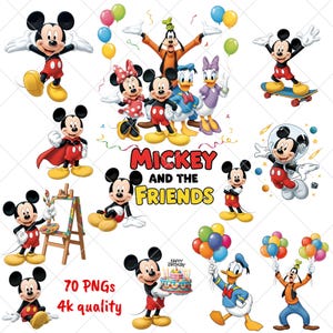 May include: A collection of colorful cartoon images featuring Mickey Mouse and his friends. Mickey is shown in various poses, including with a birthday cake, on a skateboard, and with an easel. The text "Mickey and the Friends" is also present.