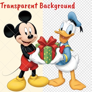 K&ouml;nnte beinhalten: Illustration von Mickey Mouse und Donald Duck, die ein gr&uuml;nes Geschenk mit roter Schleife halten. Mickey tr&auml;gt rote Shorts und gelbe Schuhe. Donald Duck tr&auml;gt ein blaues Matrosenoutfit und eine M&uuml;tze.