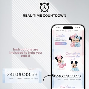 May include: A smartphone screen displays a baby shower countdown with Mickey and Minnie Mouse illustrations. The screen shows the date, time, and location, along with the text "Can't wait to celebrate with you!" and "Team Blue or". A separate box shows the countdown timer.
