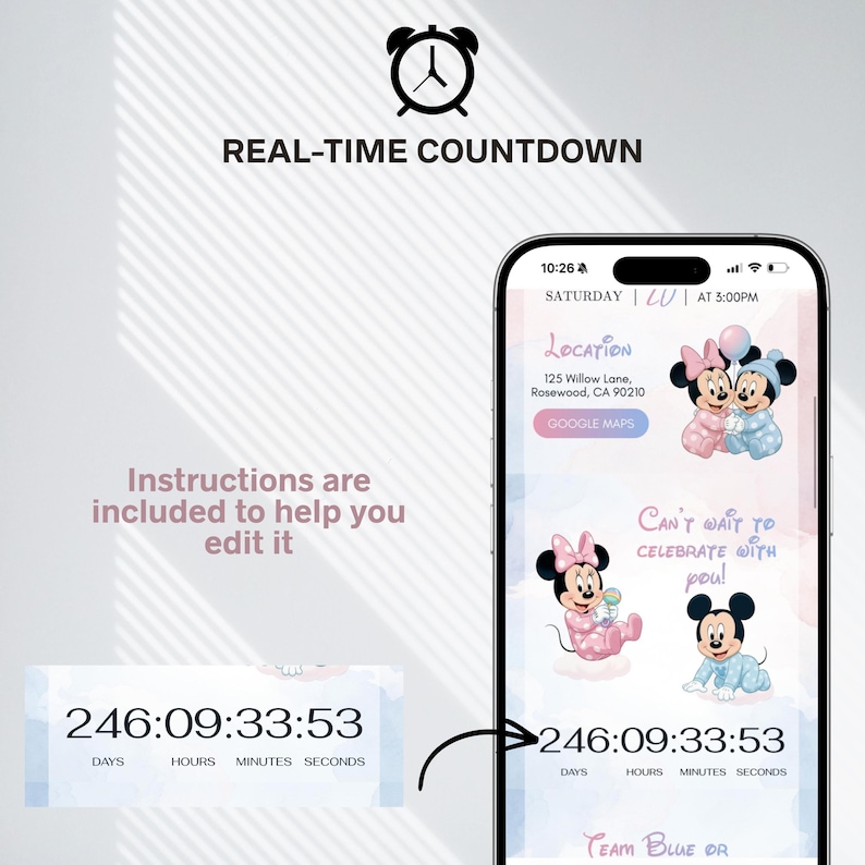 May include: A smartphone screen displays a baby shower countdown with Mickey and Minnie Mouse illustrations. The screen shows the date, time, and location, along with the text "Can't wait to celebrate with you!" and "Team Blue or". A separate box shows the countdown timer.
