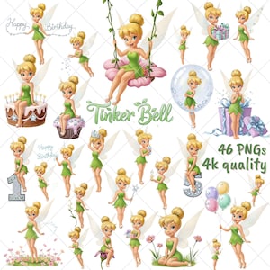 May include: A collection of 46 PNG images of Tinker Bell in various poses, wearing a green dress and wings. Some images include birthday cakes, gifts, and the text "Happy Birthday". The images are 4k quality.