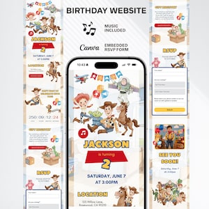 以下が含まれることがあります： 漫画をテーマにした携帯電話のモックアップを備えた誕生日ウェブサイトのデザイン。デザインには「ジャクソンは2歳になります」というテキストとRSVP情報が含まれています。デザインには「誕生日ウェブサイト」と「音楽が含まれています」というテキストも含まれています。