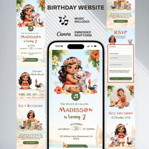 Può includere: Un modello di sito web di compleanno digitale visualizzato su uno smartphone, con una bambina in stile cartoon con corona di fiori, un maialino e un gallo. Il design include il testo 'The ocean is calling, Madisson is turning 2' e la data.