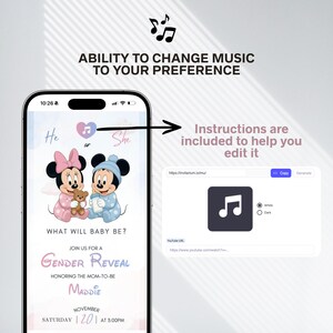 May include: A smartphone screen displays a gender reveal invitation featuring Minnie and Mickey Mouse. The invitation includes the text "What will baby be?" and details for the event. Instructions are included to help edit the invitation.