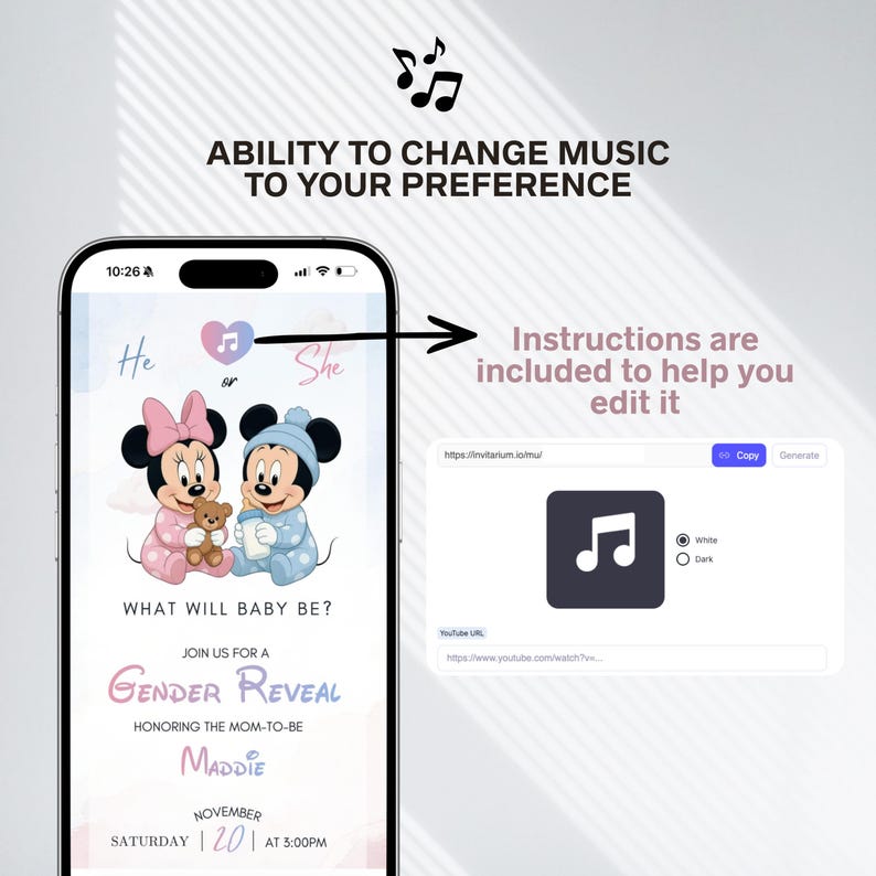 May include: A smartphone screen displays a gender reveal invitation featuring Minnie and Mickey Mouse. The invitation includes the text "What will baby be?" and details for the event. Instructions are included to help edit the invitation.