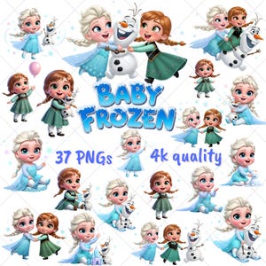 Puede incluir: Una colección de imágenes digitales con versiones de dibujos animados de personajes de la película Frozen. Las imágenes incluyen a Elsa, Anna y Olaf en varias poses, con el texto "BABY FROZEN", "37 PNGs" y "4k quality".