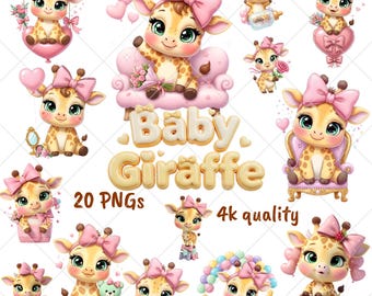 Giraffe Baby Shower PNG: Pink Clipart, Nursery Decor (Digital Download)