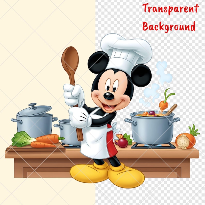 K&ouml;nnte beinhalten: Cartoon-Bild von Mickey Mouse als Koch, mit einem Holzl&ouml;ffel. Er tr&auml;gt eine wei&szlig;e Kochm&uuml;tze, Sch&uuml;rze und gelbe Schuhe. Kocht&ouml;pfe und Gem&uuml;se stehen auf einer Holztheke.