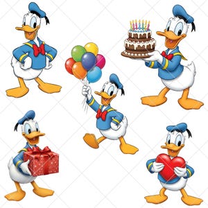 K&ouml;nnte beinhalten: Eine Sammlung von Cartoon-Bildern von Donald Duck in verschiedenen Posen. Donald tr&auml;gt einen blauen Matrosenanzug mit roter Fliege und M&uuml;tze. Er h&auml;lt Ballons, eine Geburtstagstorte, ein Geschenk und ein Herz.