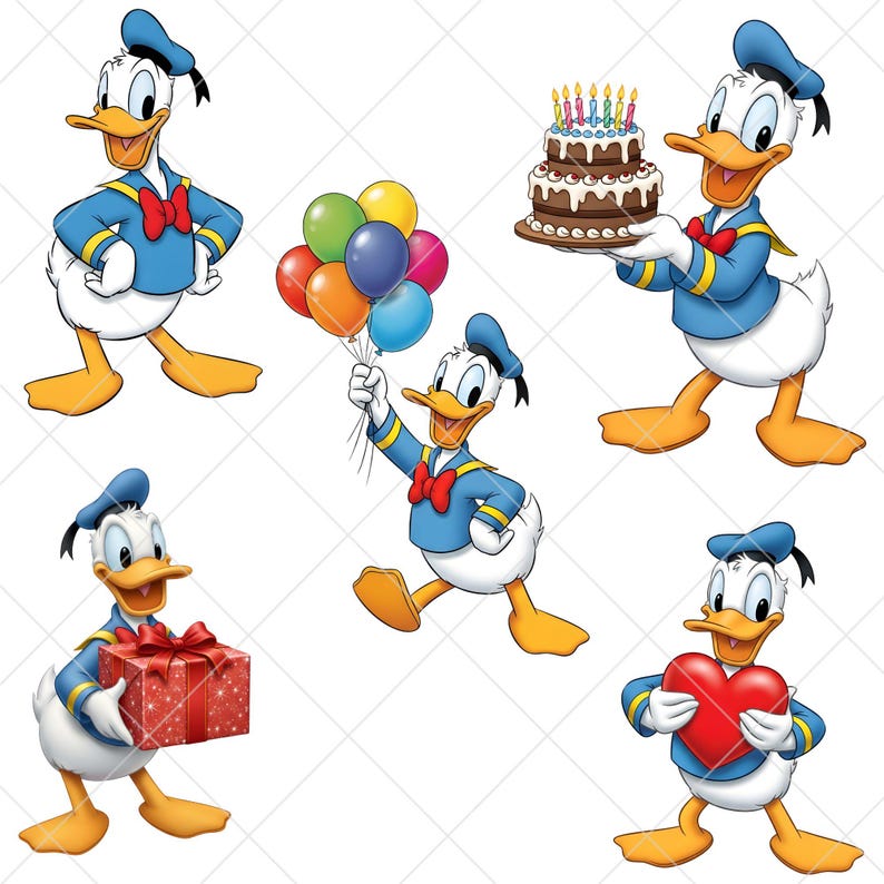 K&ouml;nnte beinhalten: Eine Sammlung von Cartoon-Bildern von Donald Duck in verschiedenen Posen. Donald tr&auml;gt einen blauen Matrosenanzug mit roter Fliege und M&uuml;tze. Er h&auml;lt Ballons, eine Geburtstagstorte, ein Geschenk und ein Herz.