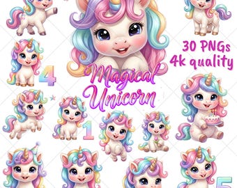 Magical Fantasy Unicorn Clipart PNG Bundle Digital File | Printable Clipart