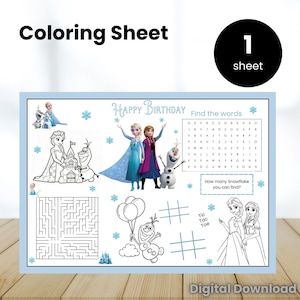 Könnte beinhalten: Ein rechteckiges Malblatt mit hellblauem Rand mit Figuren aus einem beliebten Animationsfilm. Das Blatt enthält ein Labyrinth, eine Wortsuche, Tic-Tac-Toe und Bilder der Charaktere. Der Text "Coloring Sheet" und "Happy Birthday" sind sichtbar.