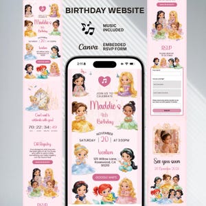 May include: A pink digital birthday website design with princess illustrations. The design includes an RSVP form, event details, and the text "Maddie's 4th Birthday." The website is designed for a birthday celebration.