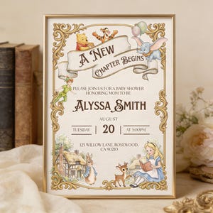 Nytt kapitel börjar babyshowerinbjudan | Utskrivbar sagobok; e-inbjudan | Redigerbar Canvas Det var en gång babyshower