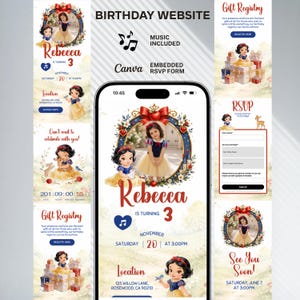 Può includere: Un modello di sito web per il terzo compleanno con illustrazioni di Biancaneve, una cornice per foto, i dettagli dell'evento per Rebecca, un timer per il conto alla rovescia, una lista regali e un modulo RSVP integrato visualizzato su uno smartphone.