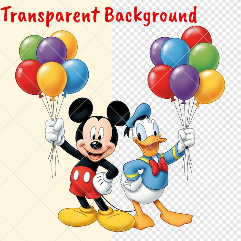 K&ouml;nnte beinhalten: Cartoon-Illustrationen von Mickey Mouse und Donald Duck, die jeweils eine Reihe von Ballons halten. Mickey tr&auml;gt rote Shorts und gelbe Schuhe. Donald Duck tr&auml;gt einen blauen Matrosenanzug mit roter Fliege und Hut.