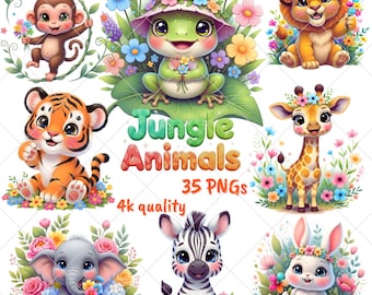 Bloemen jungle dieren clipart | Knutselen voor kinderen, png (digitaal bestand)