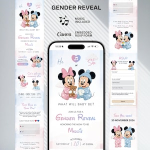May include: A digital gender reveal invitation featuring Minnie and Mickey Mouse in pink and blue outfits. The invitation includes the text "What will baby be?" and RSVP information. The design is in a soft pastel color scheme.