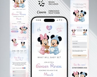 Minnie - Mickey Gender Reveal Invitation | He or She Gender Reveal Website | Editable Canva Baby Shower Reveal Template with RSVP & Voting