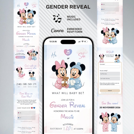 Minnie - Mickey Gender Reveal Invitation | He or She Gender Reveal Website | Editable Canva Baby Shower Reveal Template with RSVP & Voting