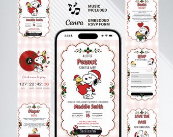 May include: A digital baby shower website template displayed on a smartphone screen, featuring Snoopy and Woodstock graphics, red and white holiday-themed borders, and text including A Little Peanut Is On The Way and Maddie Smith.