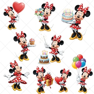 K&ouml;nnte beinhalten: Eine Sammlung von Cartoon-Bildern mit Minnie Mouse in verschiedenen Posen. Minnie tr&auml;gt ein rotes Kleid mit wei&szlig;en Punkten und eine passende Schleife. Sie h&auml;lt Ballons, Blumen, einen Kuchen, einen Cupcake, ein Geschenk und ein Herz.