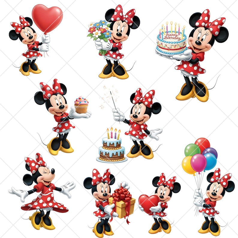 K&ouml;nnte beinhalten: Eine Sammlung von Cartoon-Bildern mit Minnie Mouse in verschiedenen Posen. Minnie tr&auml;gt ein rotes Kleid mit wei&szlig;en Punkten und eine passende Schleife. Sie h&auml;lt Ballons, Blumen, einen Kuchen, einen Cupcake, ein Geschenk und ein Herz.