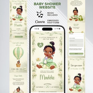 May include: A digital baby shower invitation template displayed on a smartphone screen, featuring a cartoon baby in a green dress, a hot air balloon, and floral accents. The text includes A LITTLE PRINCESS IS ON THE WAY, Maddie, and event details.