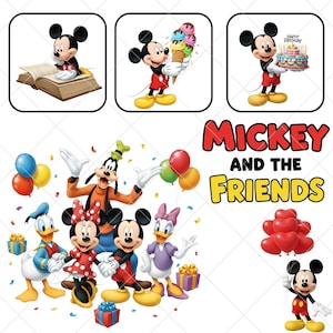 K&ouml;nnte beinhalten: Eine Sammlung von Cartoon-Bildern mit Micky Maus und ihren Freunden. Micky Maus wird beim Lesen eines Buches, beim Halten einer Eist&uuml;te und mit einer Geburtstagstorte gezeigt. Weitere Charaktere sind Donald Duck, Minnie Maus, Goofy und Daisy Duck.