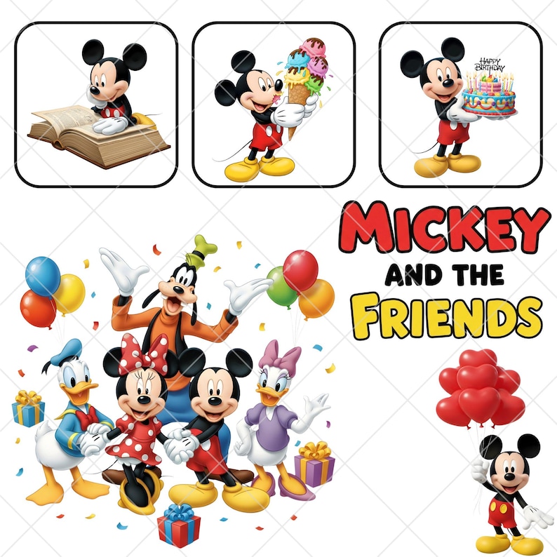 K&ouml;nnte beinhalten: Eine Sammlung von Cartoon-Bildern mit Micky Maus und ihren Freunden. Micky Maus wird beim Lesen eines Buches, beim Halten einer Eist&uuml;te und mit einer Geburtstagstorte gezeigt. Weitere Charaktere sind Donald Duck, Minnie Maus, Goofy und Daisy Duck.