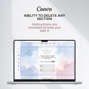 May include: A laptop displaying a Canva design with the text "ABILITY TO DELETE ANY SECTION" and "Instructions are included to help you edit it." The screen shows a gender reveal poll with options for "GIRL" and "BOY."