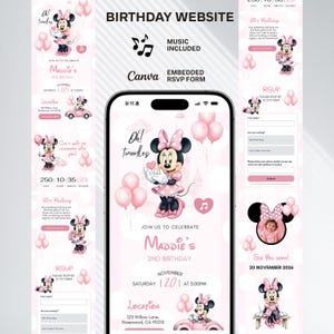 May include: A pink birthday website template featuring Minnie Mouse. The design includes balloons, a car, and the text "Maddie's 2nd Birthday." The website includes an RSVP form and music.