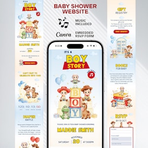 May include: A smartphone displaying a digital baby shower invitation website with a Toy Story theme. The screen features cartoon characters, alphabet blocks spelling BOY, and text including IT'S A BOY STORY, MADDIE SMITH, and event details.