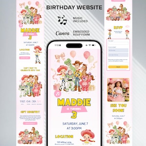 Girl Toy Story Birthday Website Template | Editable Canva Birthday Invitation with RSVP, Photo, Music & Countdown | Toy Story Party Website